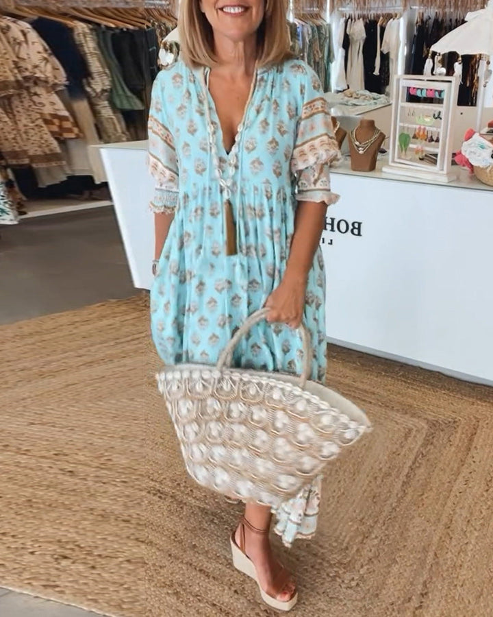 Monica™ - Relaxed V-neck Printed Half Sleeve Dress