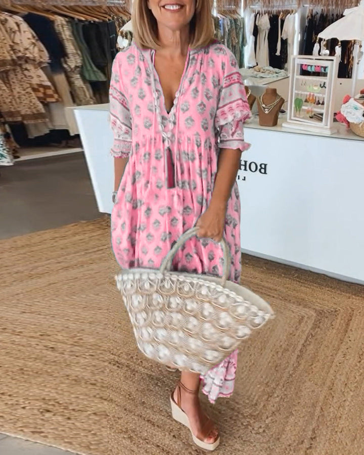Monica™ - Relaxed V-neck Printed Half Sleeve Dress