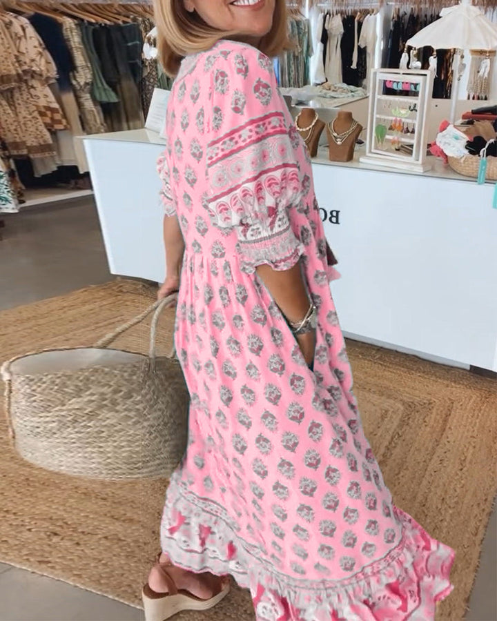 Monica™ - Relaxed V-neck Printed Half Sleeve Dress