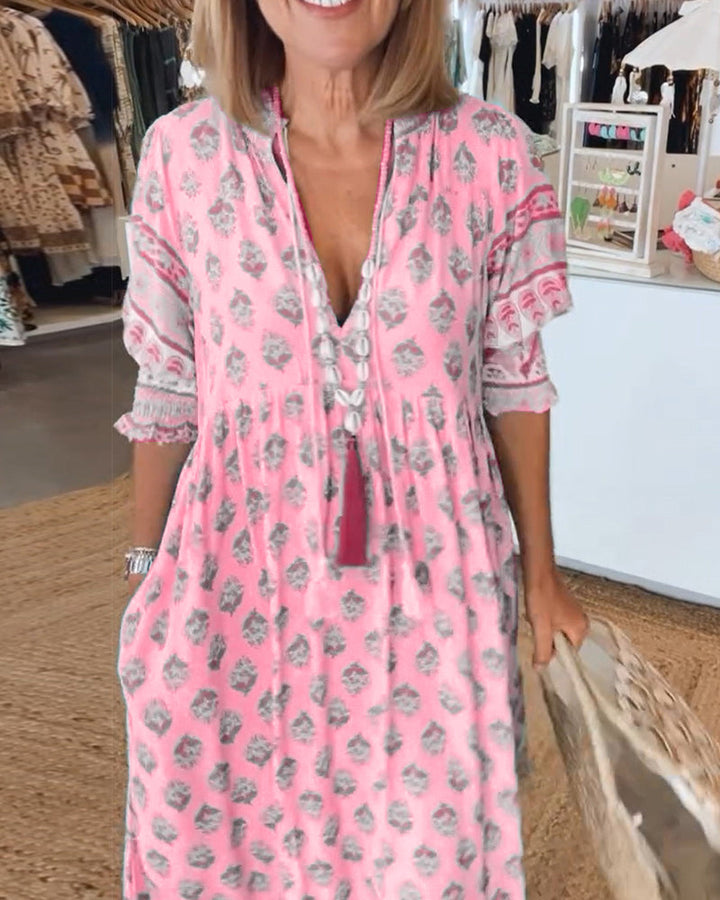 Monica™ - Relaxed V-neck Printed Half Sleeve Dress