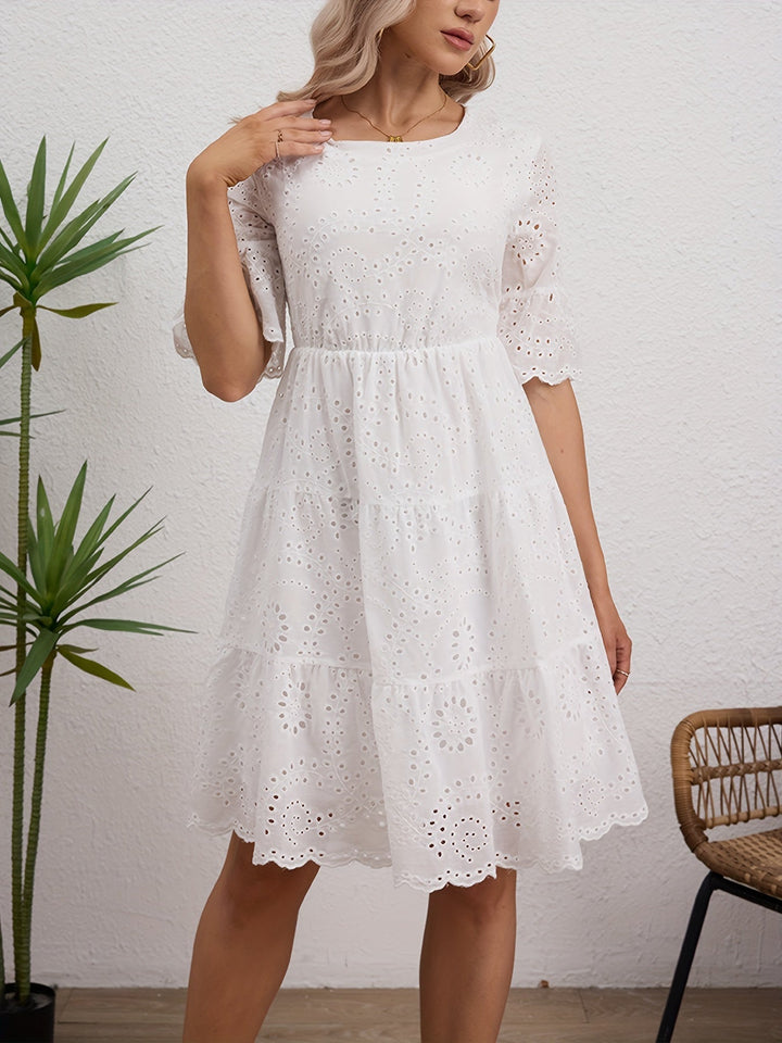 MAGGIE™ - EMBROIDERED ELEGANCE SCALLOP DRESS