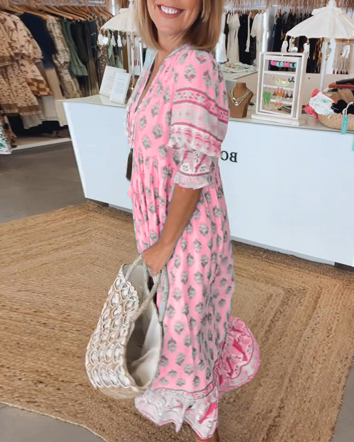 Monica™ - Relaxed V-neck Printed Half Sleeve Dress