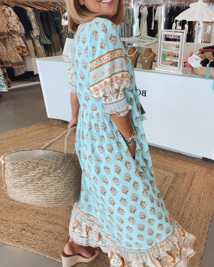 Monica™ - Relaxed V-neck Printed Half Sleeve Dress