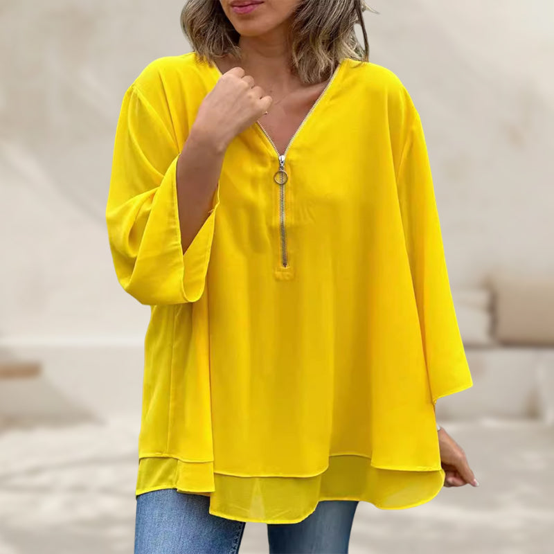 Katie™ - Chiffon Zipper Top With V-neck