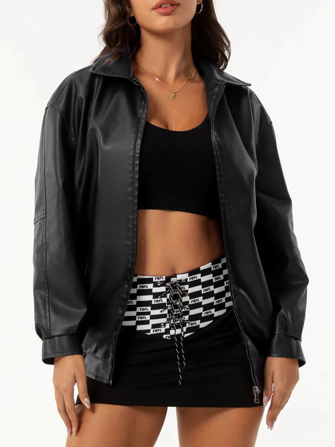 Drop Shoulder Zip Up PU Cropped Leather Jacket