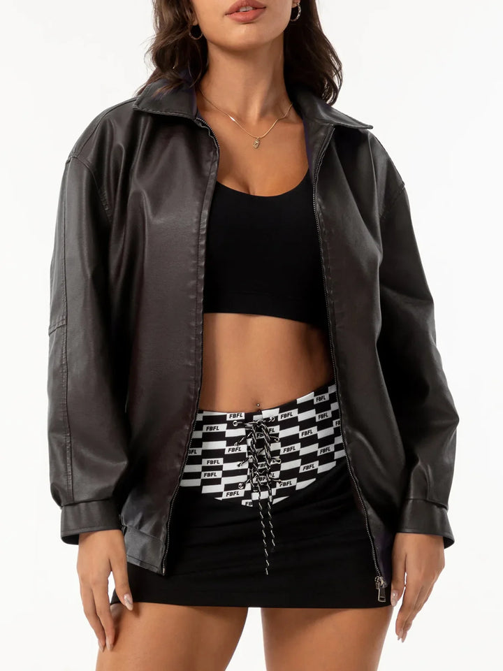 Drop Shoulder Zip Up PU Cropped Leather Jacket