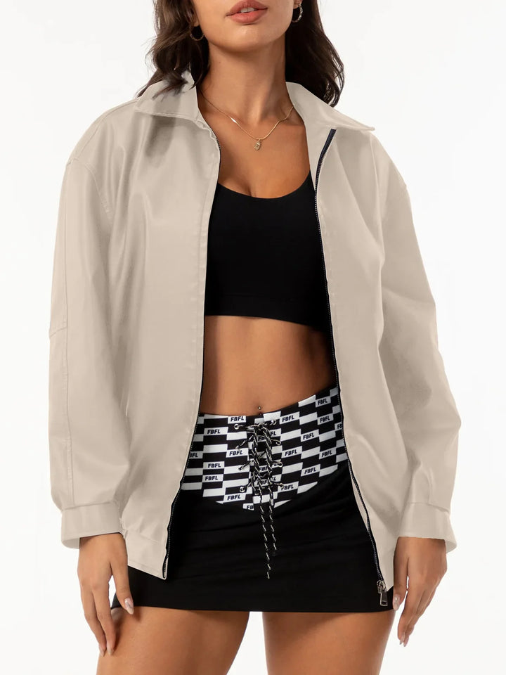 Drop Shoulder Zip Up PU Cropped Leather Jacket