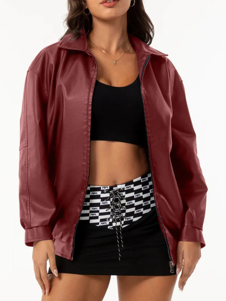 Drop Shoulder Zip Up PU Cropped Leather Jacket