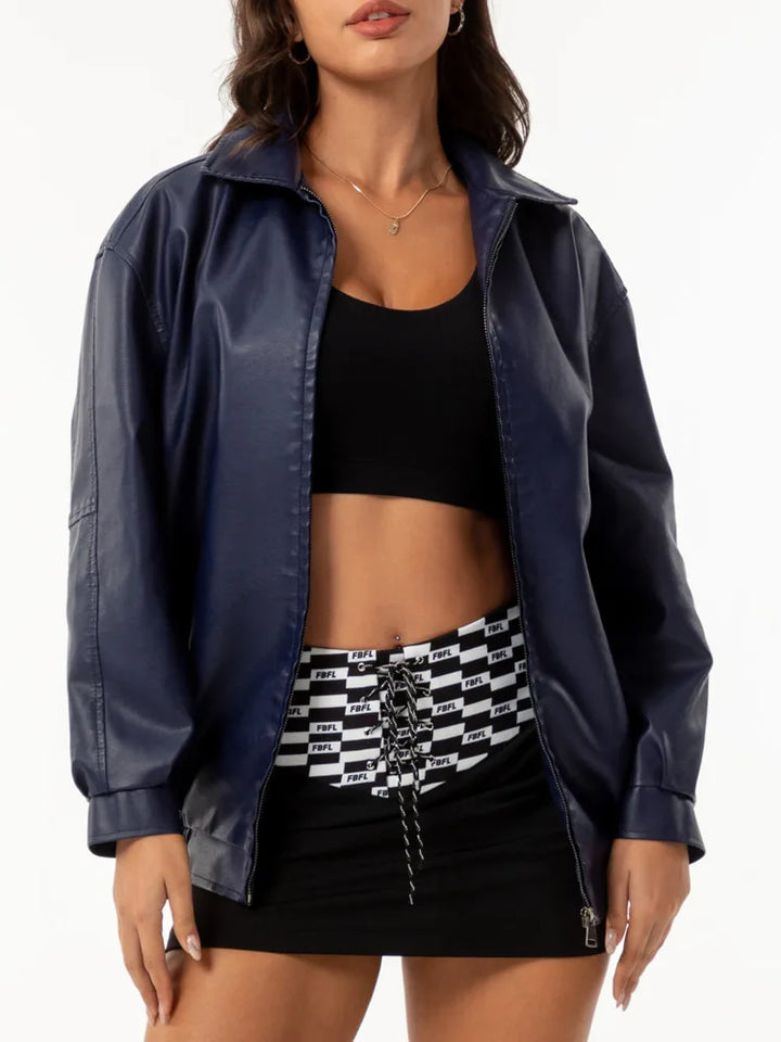 Drop Shoulder Zip Up PU Cropped Leather Jacket