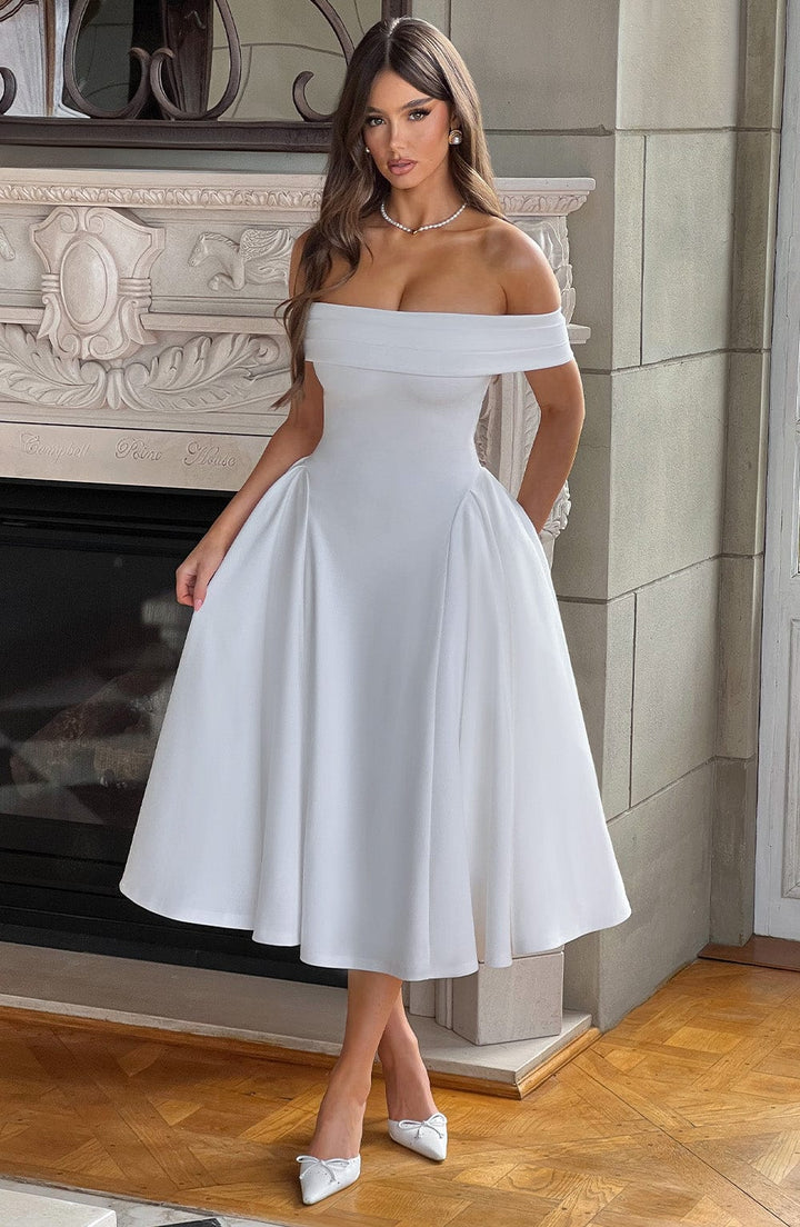 Talia | Off-Shoulder Pleated Midi Dress